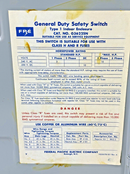 FEDERAL PACIFIC - G3622SN - SAFETY SWITCH - 60 AMP, 2 POLE, 240 VAC, NEMA TYPE 1