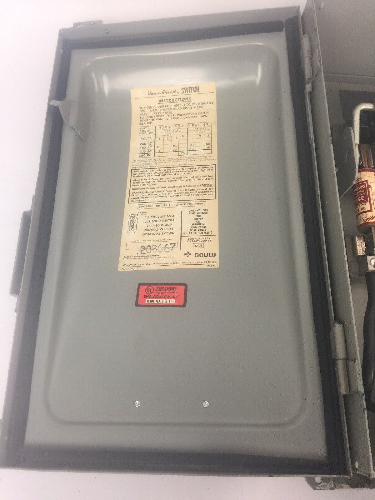 GOULD I-T-E F353H-CH FUSIBLE SAFETY SWITCH 600VAC 250VDC 100AMP 3PH 75HP 3 POLE