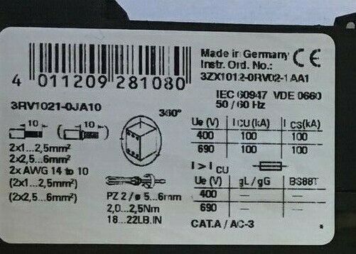 SIEMENS 3RV1021-0JA10 MOTOR STARTER 690V ***LOTOF2***