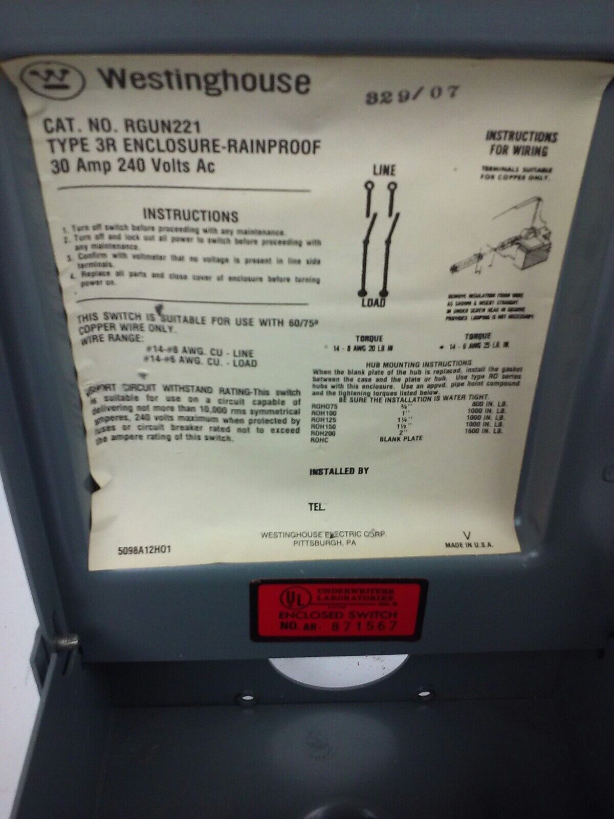 WESTINGHOUSE RGUN221 SAFETY SWITCH, 30A, 240V, 2P, NON FUSE, TYPE 3R RAINPROOF