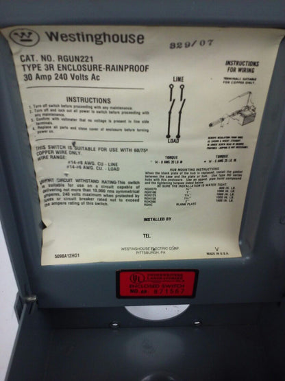 WESTINGHOUSE RGUN221 SAFETY SWITCH, 30A, 240V, 2P, NON FUSE, TYPE 3R RAINPROOF