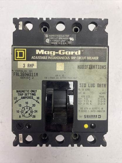 SQUARE D FAL3600311M ADJ. INST. TRIP CIRCUIT BREAKER 600VAC 3P 3AMP SER 2 8-28A