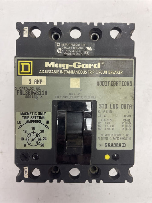 SQUARE D FAL3600311M ADJ. INST. TRIP CIRCUIT BREAKER 600VAC 3P 3AMP SER 2 8-28A