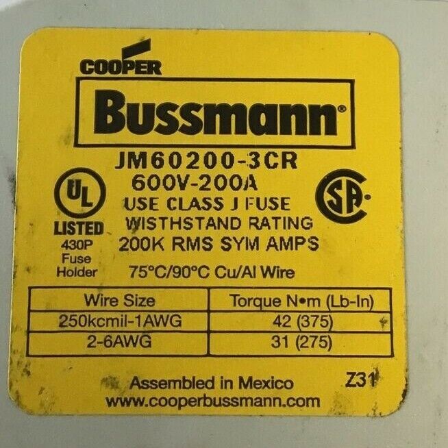 BUSSMANN JM60200-3CR FUSE HOLDER 600V-200A TAB BROKEN