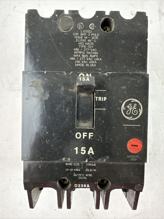GE TEY315 CIRCUIT BREAKER 15AMP 3POLE 480/277VAC 240VAC