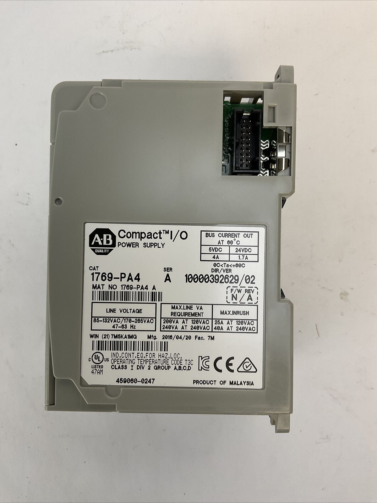 ALLEN BRADLEY 1769-PA4 SER A POWER SUPPLY F/W REV NA DIR/VER 10000392629/02 120/