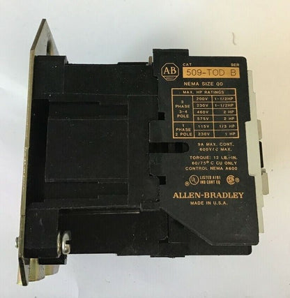 ALLEN BRADLEY 509-TOD FULL VOLTAGE STARTER SER.B 3PH 9A 600VAC 2HP
