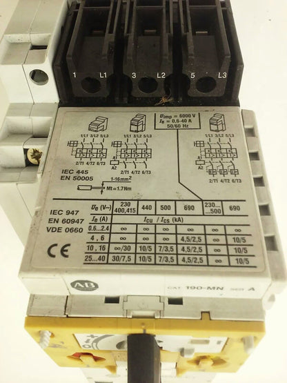 ALLEN-BRADLEY STARTER 190-MN, 190-P010, 190-A40, 190-A11, 199-FSMA1, 120V COIL