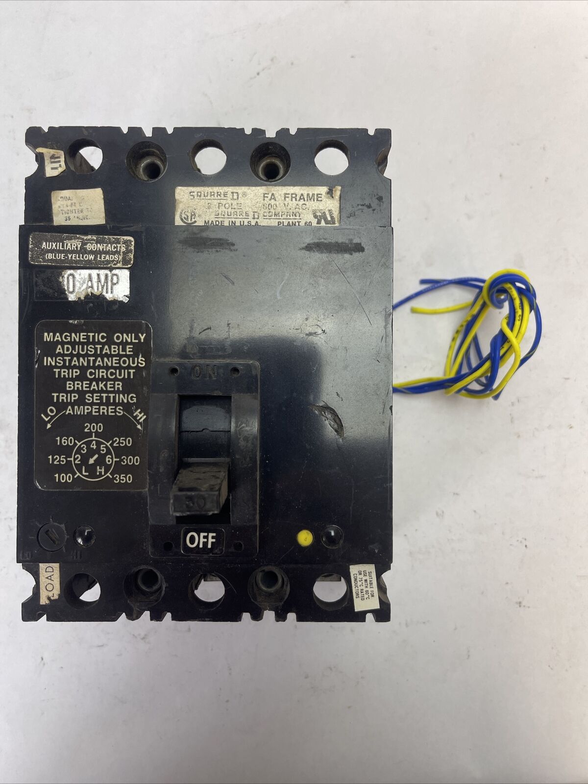 SQUARE D FAL3603015M1212 CIRCUIT BREAKER 30AMP 600VAC 3P ADJ INST TRIP 100-350A