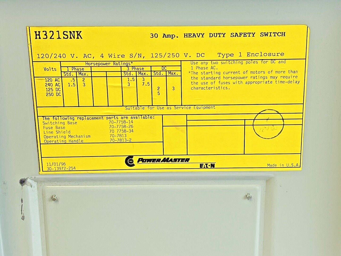 EATON - POWER MASTER - H321SNK - SAFETY SWITCH - 30 A, 120/240 VAC, TYPE 1