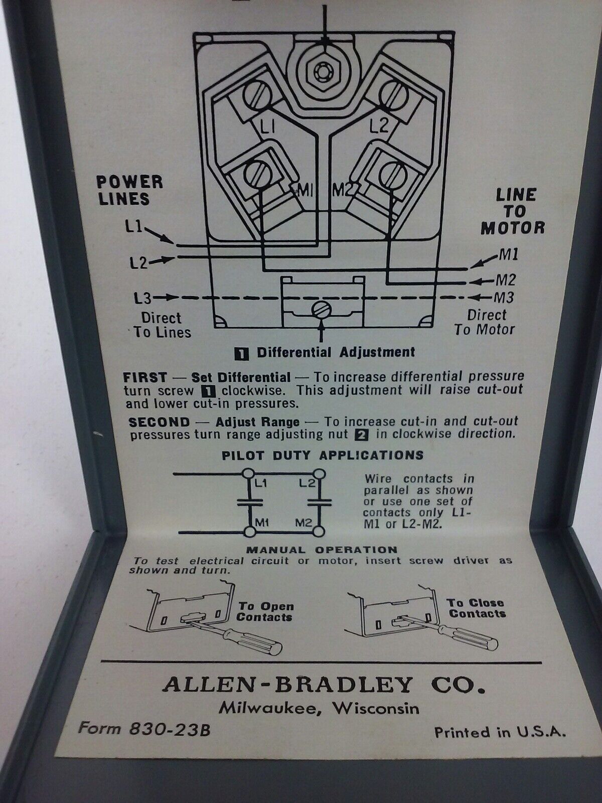 ALLEN BRADLEY, 830-B5200, SER. A, PRESSURE CONTROL, RANGE 15-80, DIFF 15-25, NEW