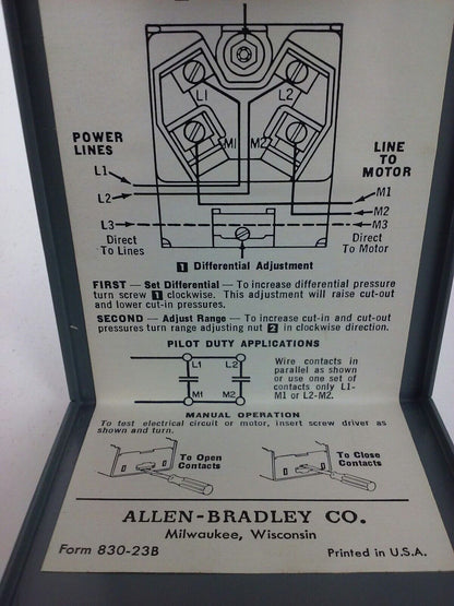ALLEN BRADLEY, 830-B5200, SER. A, PRESSURE CONTROL, RANGE 15-80, DIFF 15-25, NEW