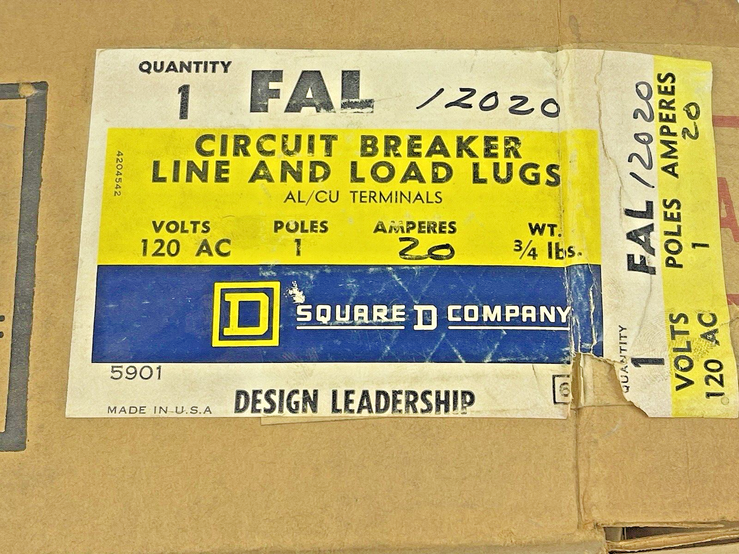 SQUARE D - FAL 12020 - CIRCUIT BREAKER LINE & LOAD LUGS - 20A/1 POLE/120 VAC-NEW