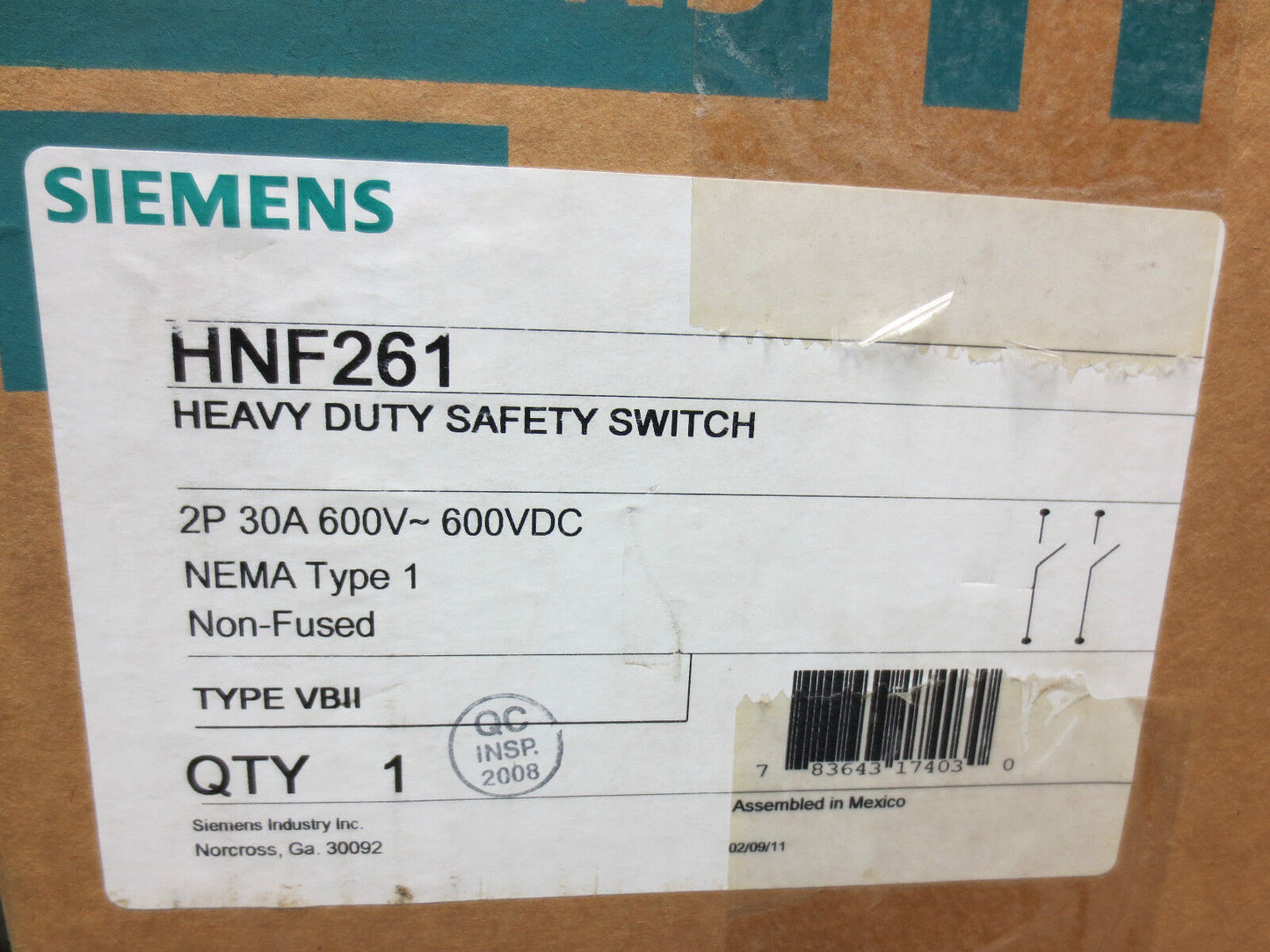 SIEMENS HNF261 SAFETY SWITCH 30A 600V NON-FUSIBLE - HEAVY DUTY 2-POLE INDOOR