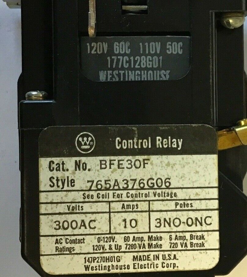 WESTINGHOUSE BFE30F CONTROL RELAY 300VAC 10AMP 3NO-ONC