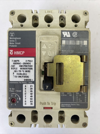 WESTINGHOUSE HMCP007C0C SER C MOTOR CIRCUIT PROTECTOR 7AMP 600VAC 250VDC 3POLE