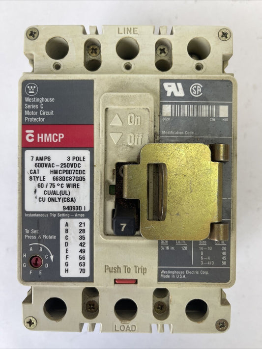 WESTINGHOUSE HMCP007C0C SER C MOTOR CIRCUIT PROTECTOR 7AMP 600VAC 250VDC 3POLE