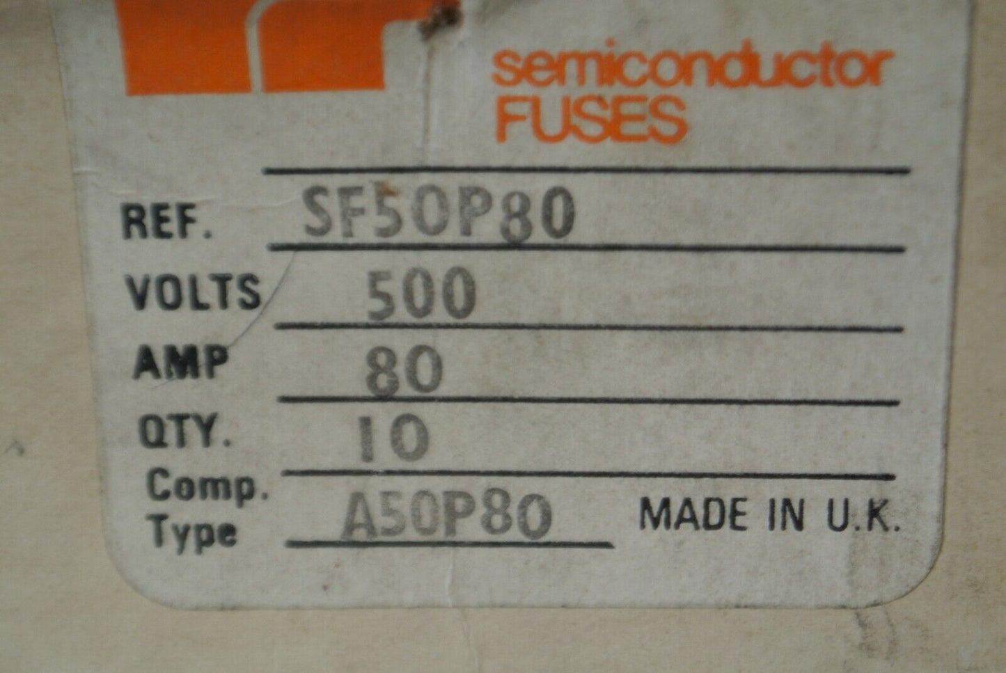 INTERNATIONAL RECTIFIER SF50P80 AMPKLIP RECTIFIER FUSE 500VAC 80A NEW SURPLUS