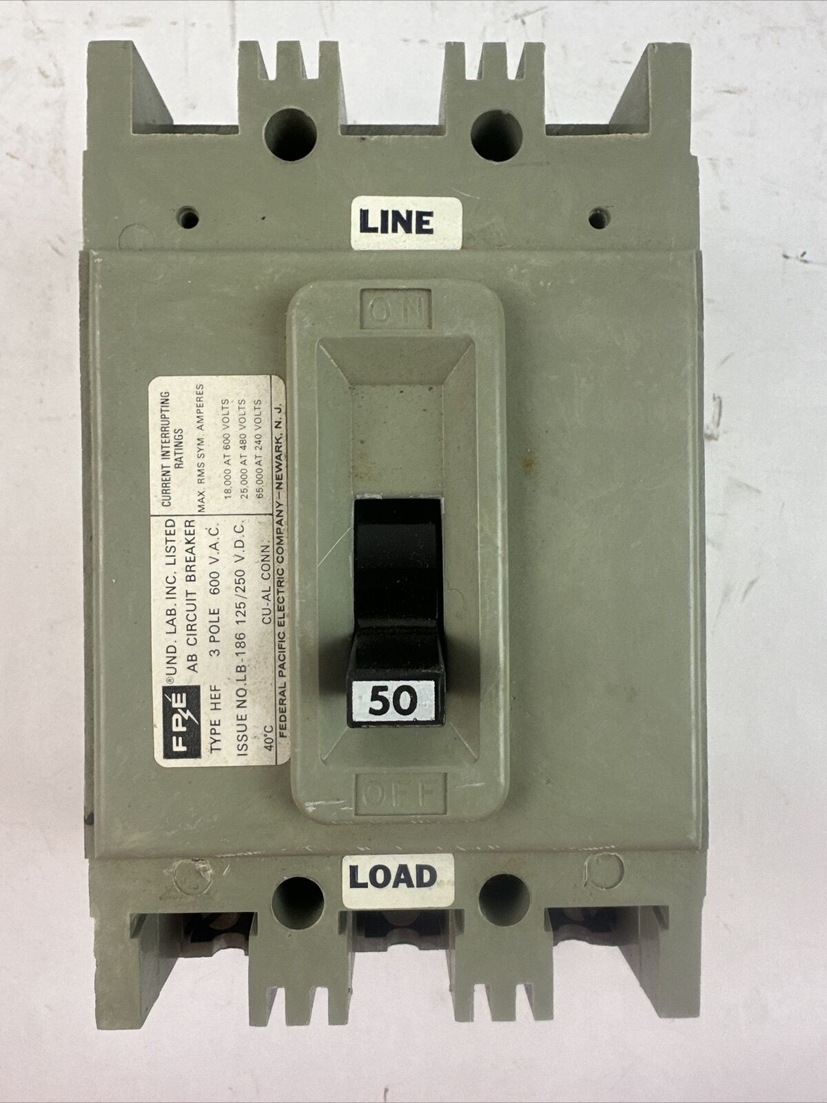 FPE HEF631050 3POLE 50AMP 125/250VDC 600VAC CIRCUIT BREAKER