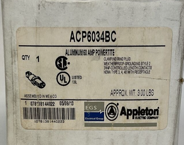 APPLETON ACP6034BC ALUMIMUM 60AMP POWER TITE CLAMPING RING PLUG