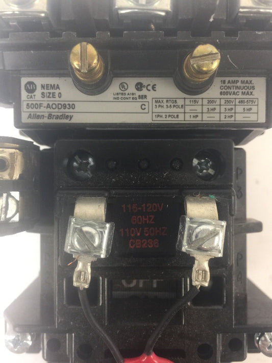 ALLEN BRADLEY 500F-AOD930 SIZE 0 STARTER 600VAC 5HP 18AMP CB236 115-120V 60HZ