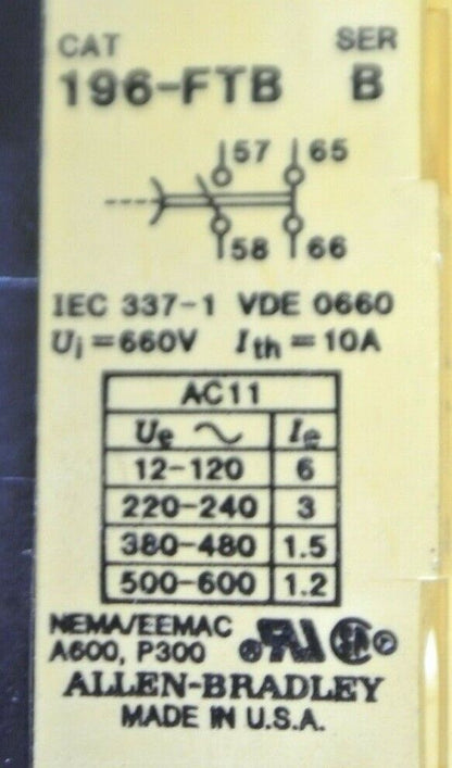 ALLEN-BRADLEY 196-FTB / PNEUMATIC TIMING UNIT / 0.1 to 180 SECONDS / NEW SURPLUS