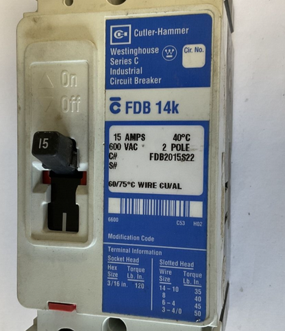 CUTLER HAMMER FDB2015S22 CIRCUIT BREAKER 15A 2POLE 600VAC