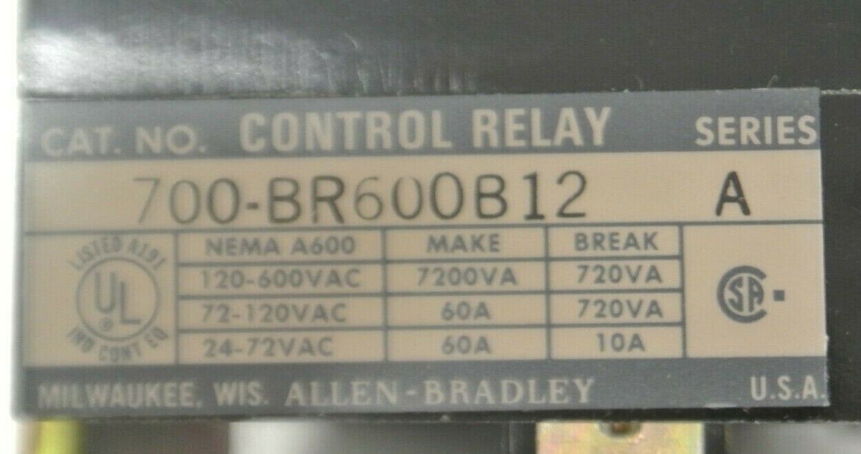 ALLEN-BRADLEY 700-BR600B12 / AC CONTROL RELAY / 12V, 50Hz / 6 N.O. / NEW SURPLUS