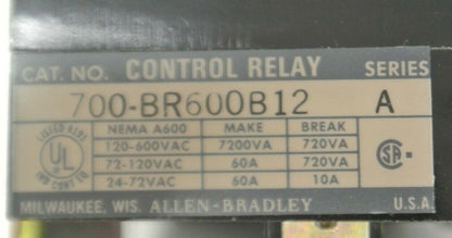 ALLEN-BRADLEY 700-BR600B12 / AC CONTROL RELAY / 12V, 50Hz / 6 N.O. / NEW SURPLUS