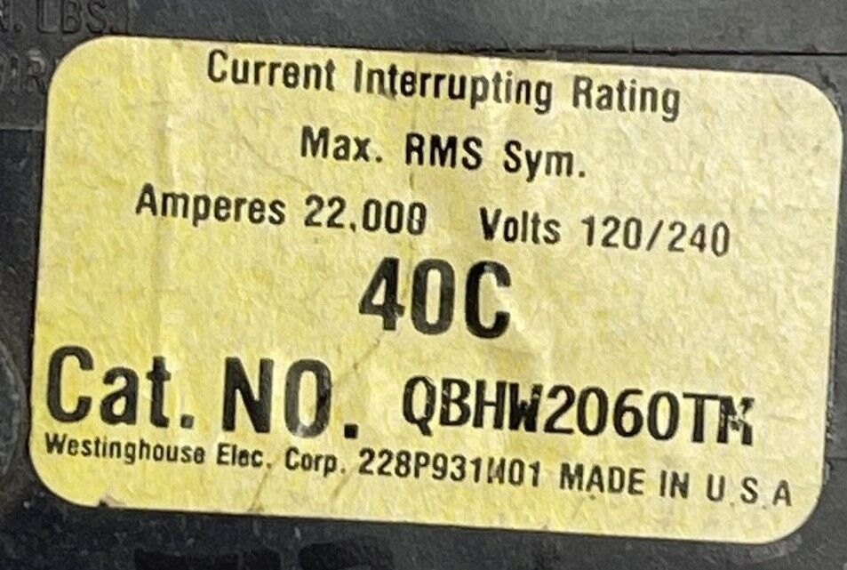 WESTINGHOUSE QBHW2060TM QUICKLAG CIRCUIT BREAKER 60AMP 120/240VAC 2POLE