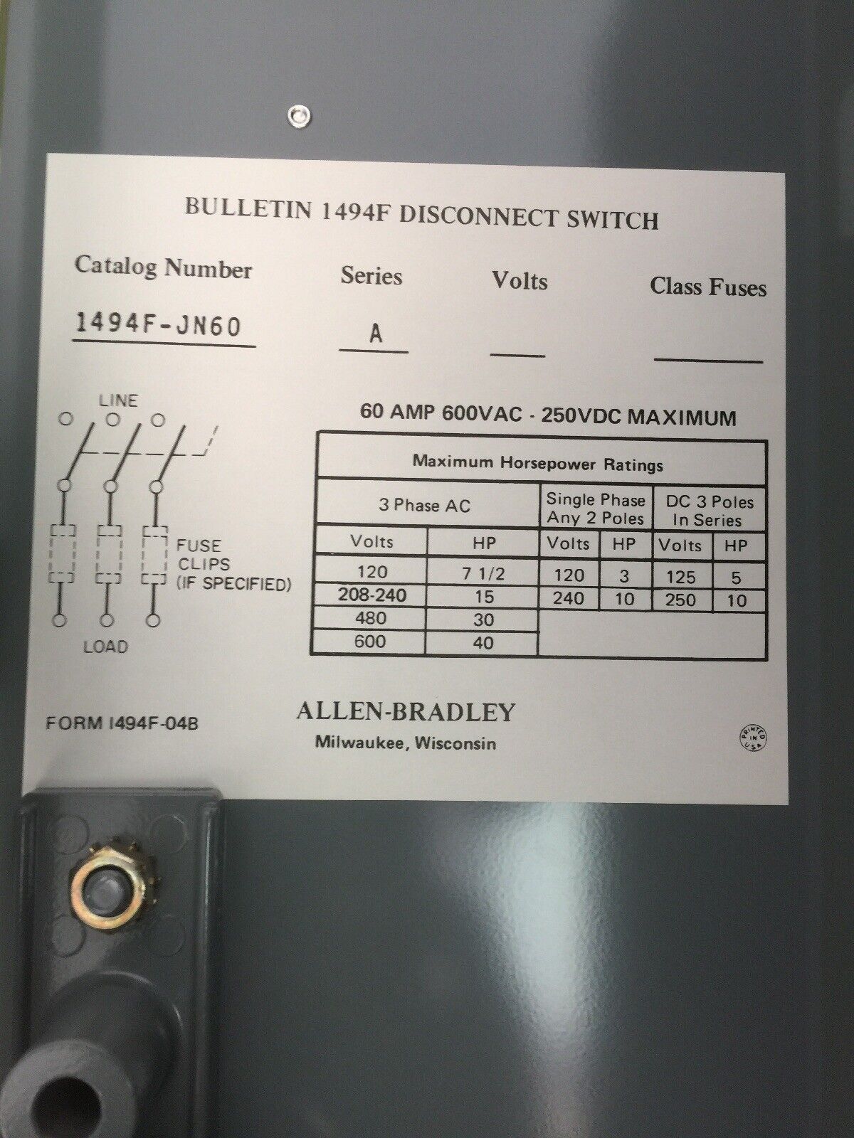 ALLEN BRADLEY 1494F-JN60 NON-FUSIBLE DISCONNECT SAFETY SWITCH 60AMP 3PH 3 POLE