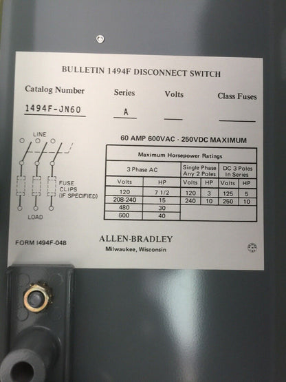 ALLEN BRADLEY 1494F-JN60 NON-FUSIBLE DISCONNECT SAFETY SWITCH 60AMP 3PH 3 POLE