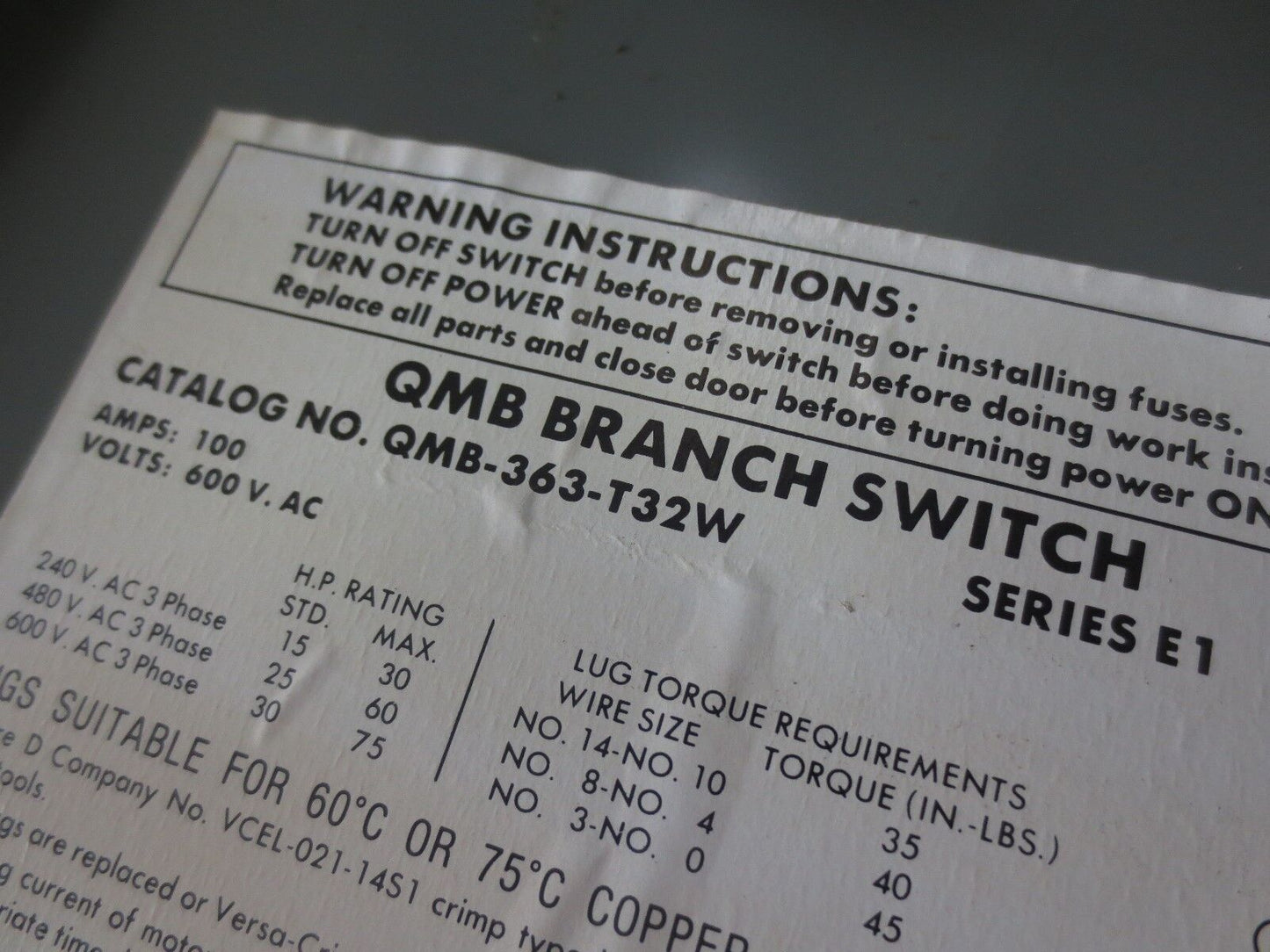 SQUARE D QMB-363-T32W TWIN PANELBOARD SWITCH 100A 600VAC 75HP 60A 600VAC 50HP