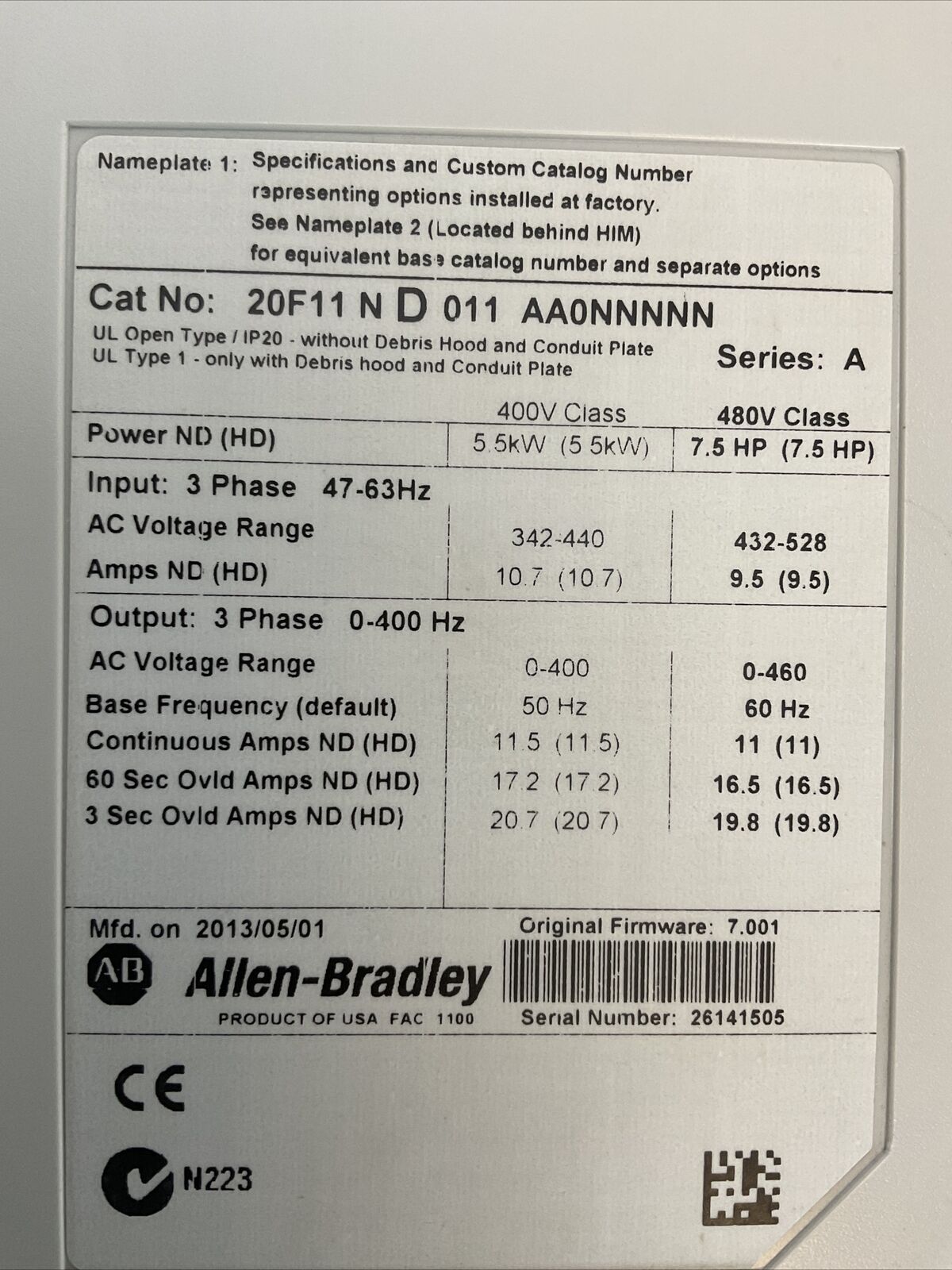 ALLEN BRADELY 20F11ND011AA0NNNNN AC DRIVE FIRMWARE 7.001 480VAC INPUT 3PH 11A