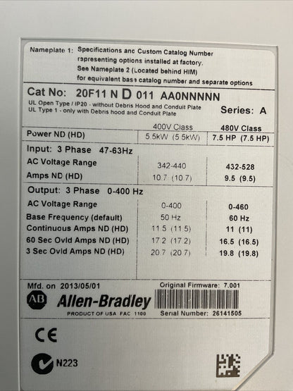 ALLEN BRADELY 20F11ND011AA0NNNNN AC DRIVE FIRMWARE 7.001 480VAC INPUT 3PH 11A