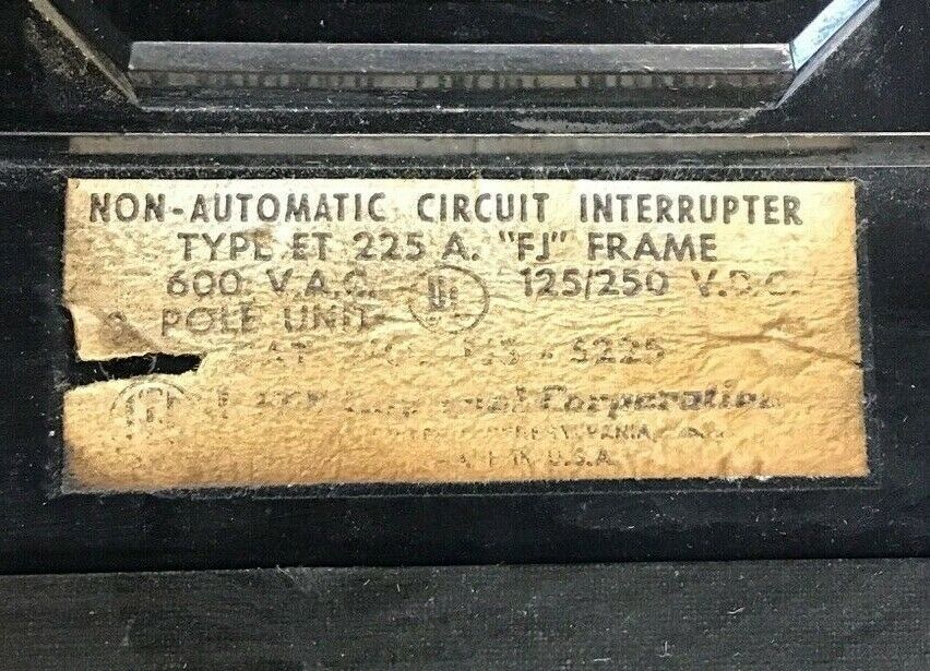 I-T-E FJ3-S225 CIRCUIT BREAKER 225A 3POLE 600VAC
