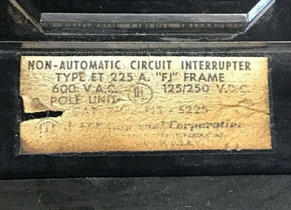 I-T-E FJ3-S225 CIRCUIT BREAKER 225A 3POLE 600VAC