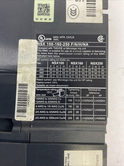 SCHNEIDER NSX 100-160-250 F/N/H/NA CIRCUIT BREAKER NSX 160F 600VAC 88/125A