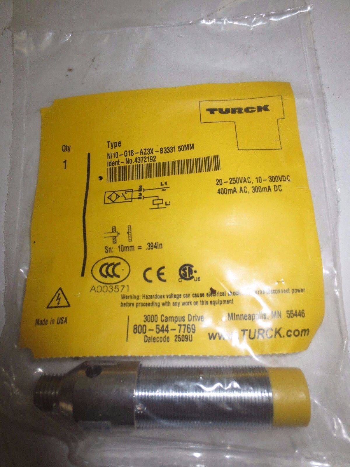 TURCK NI10-G18-AZ3K-B3331 SENSOR - 20-250VAC,10-300VDC 400mA AC - NEW SURPLUS