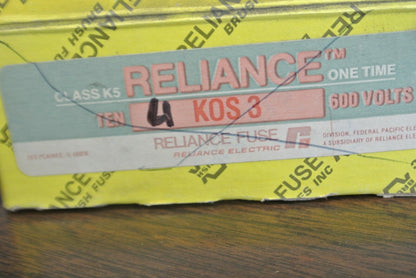 LOT of 4 / RELIANCE KOS3 ONE-TIME CLASS K5 FUSE / 600V / 3A / NEW SURPLUS