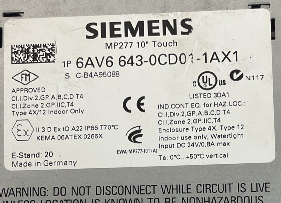 SIEMENS 1P 6AV6 643-0CD01-1AX1 MP277 10'' TOUCH OPERATOR INTERFACE PANEL