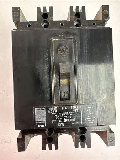 WESTINGHOUSE EHB3015 CIRCUIT BREAKER 480VAC 15AMP 3POLE