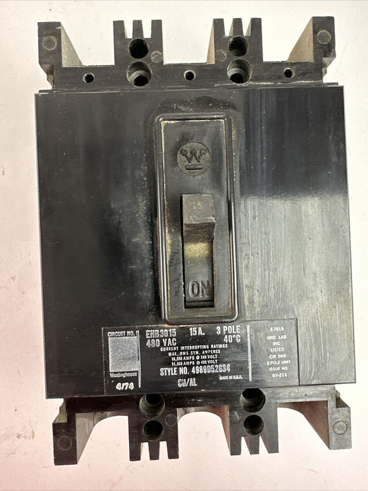 WESTINGHOUSE EHB3015 CIRCUIT BREAKER 480VAC 15AMP 3POLE