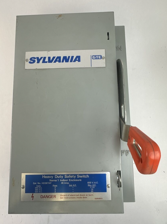 SYLVANIA HD361NF SAFETY SWITCH NON-FUSIBLE 30AMP 240-600VAC 3PH 20HP MAX