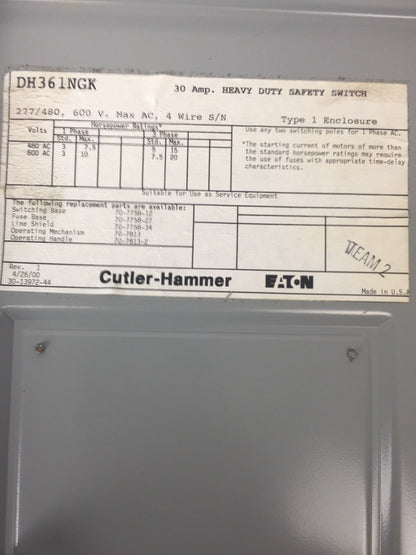 CUTLER HAMMER DH361NGK FUSIBLE HD SAFETY SWITCH 600VAC 30AMP 3P TYPE 1 20HP 3PH