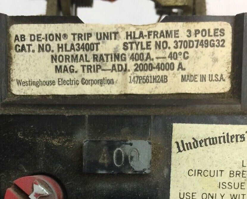 WESTINGHOUSE JKL3400T AB DE-ION TRIP UNIT 400AMP INST TRIP 2000-4000A 370D749G32