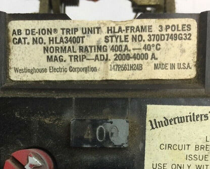 WESTINGHOUSE JKL3400T AB DE-ION TRIP UNIT 400AMP INST TRIP 2000-4000A 370D749G32