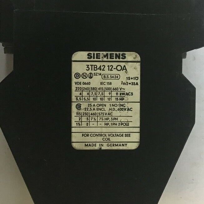 SIEMENS 3TB4212-0A CONTACTOR 25A 1NO 1NC 600VAC