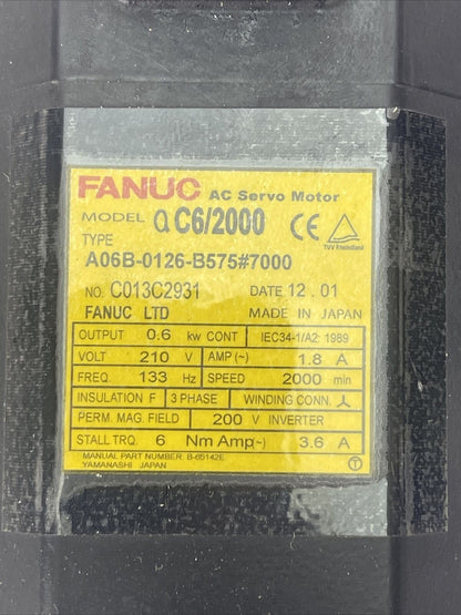 FANUC A06B-0126-B575#7000 AC SERVO MOTOR C6/2000 OUTPUT 0:6 kw CONT 210VAC 1.8A