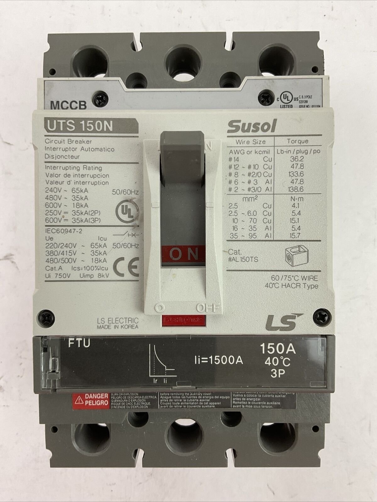 LS ELECTRIC UTS 150N CIRCUIT BREAKER 150AMP 3POLE 600V SUSOL MCCB li=1500A